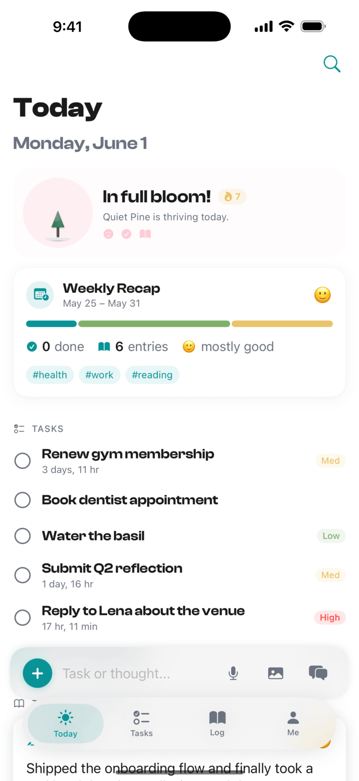 The Isip Today screen — completed tasks turning into a journal entry, with a tree that grows as you show up